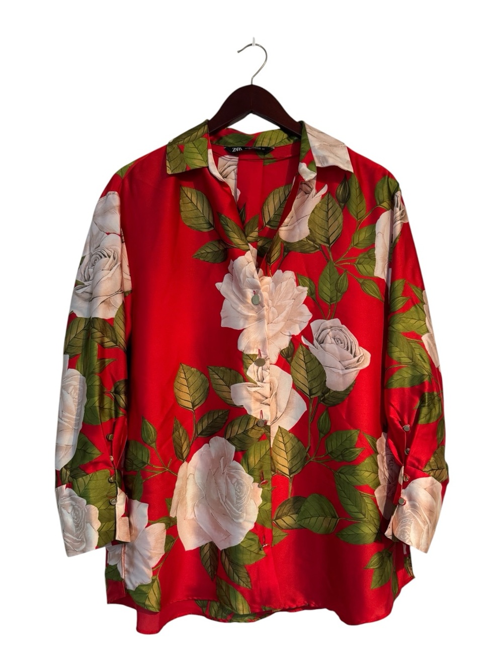Zara Red Floral Rose Print Satin Blouse Oversized XS Button Front Statement Top